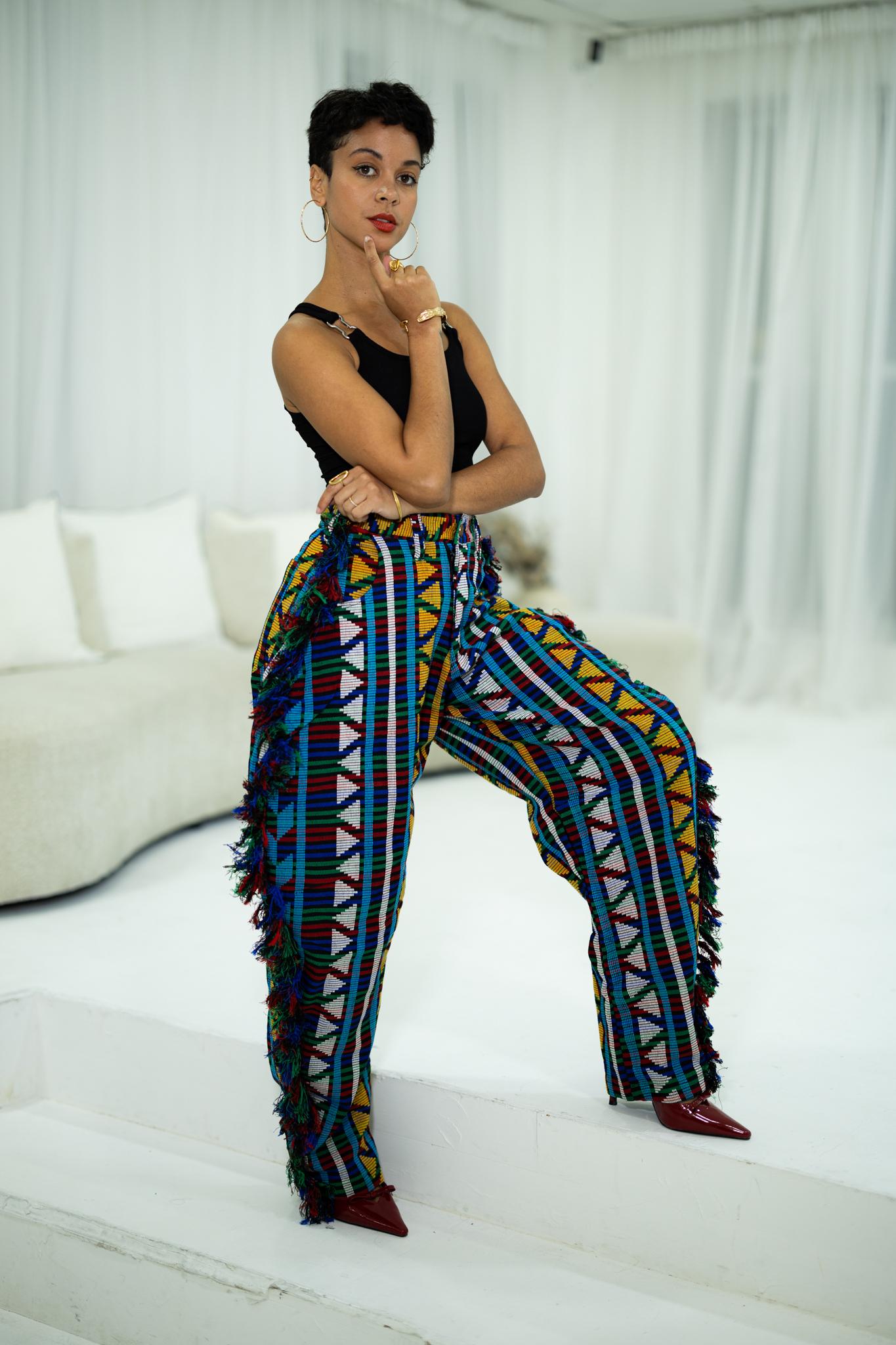 Kairo Multi-Color Fringed Trousers, Statement Wide Leg Pants, Abstract Woven Streetwear
