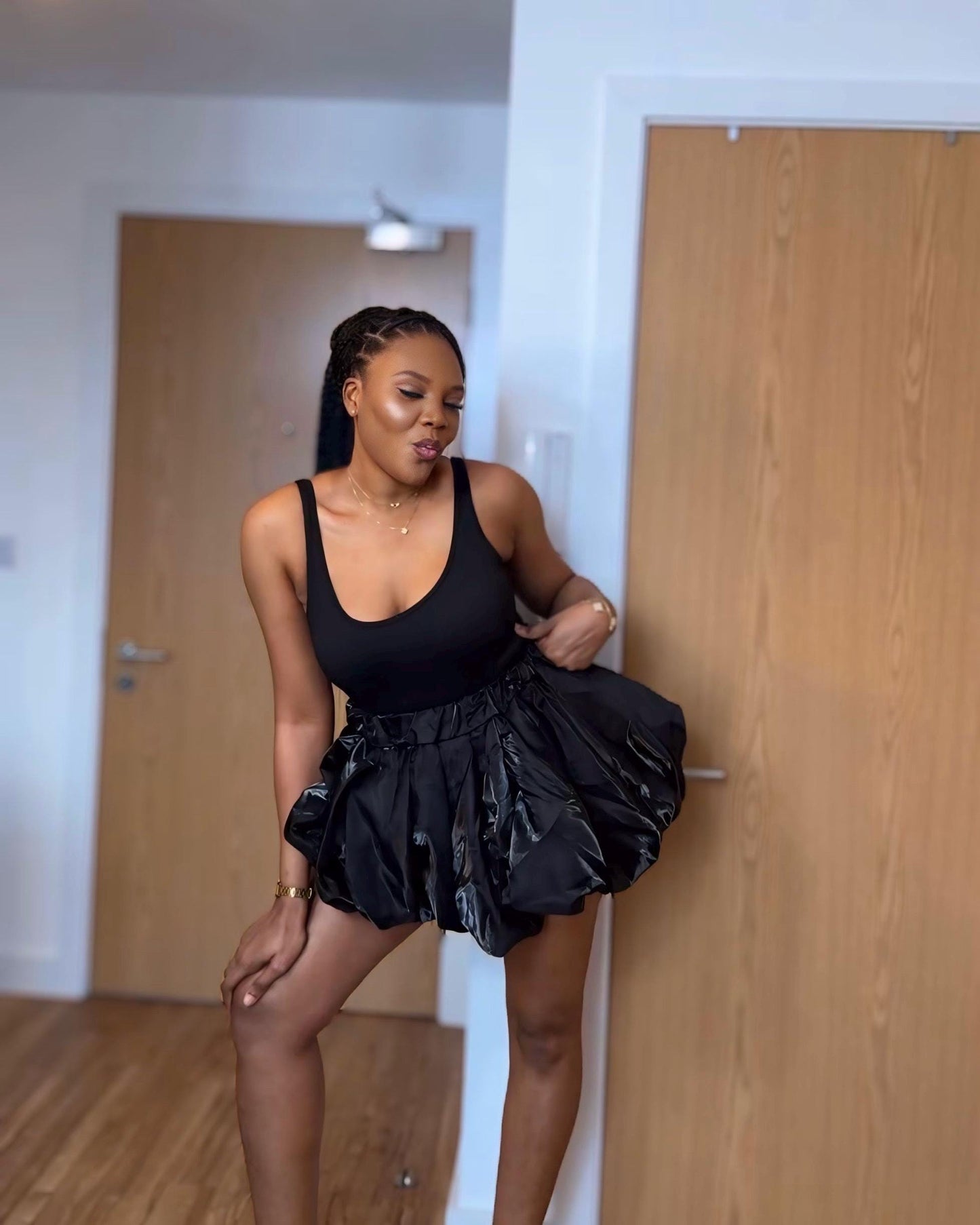 La flamme  Black Satin Balloon Skirt: High Waist Party Mini