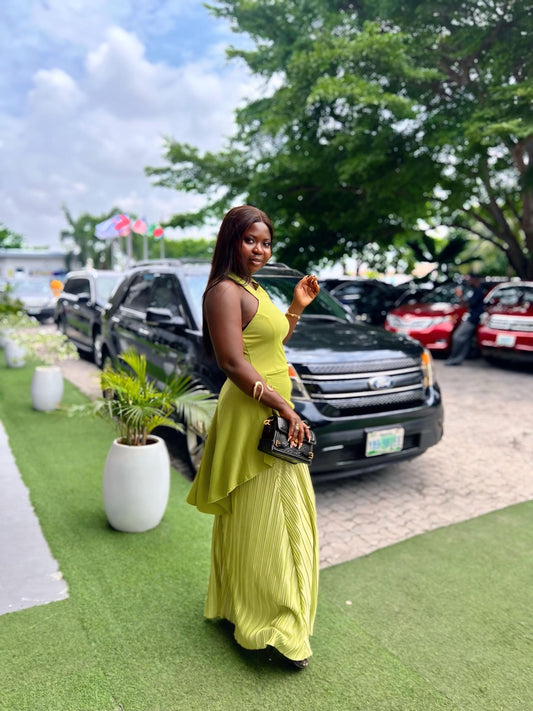 Lime Green Maxi Dress: Sleeveless Pleated Afrocentric Occasion Wear