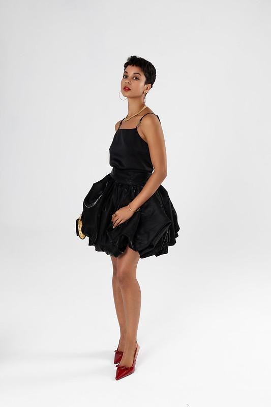 La flamme  Black Satin Balloon Skirt: High Waist Party Mini