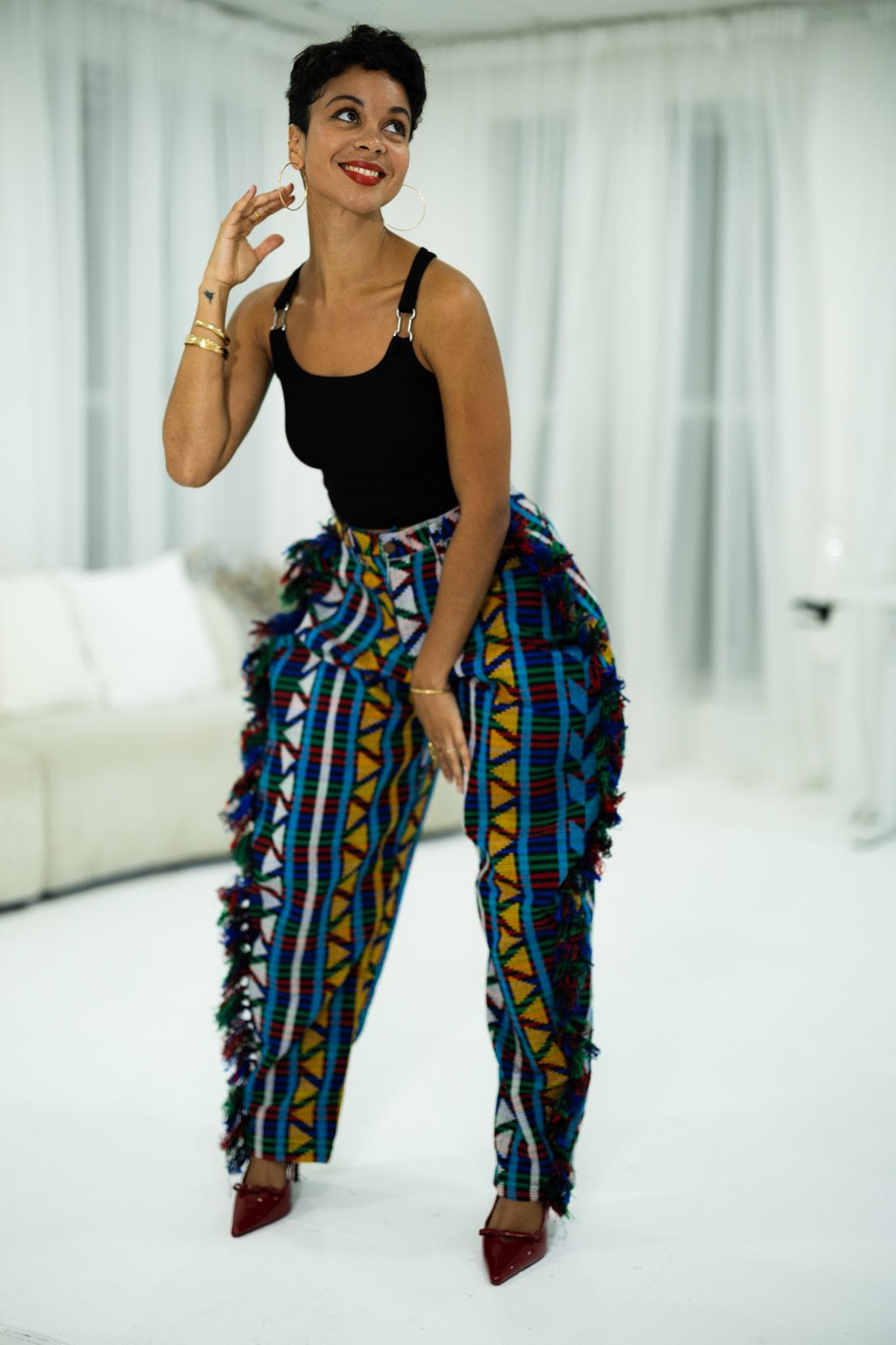 Kairo Multi-Color Fringed Trousers, Statement Wide Leg Pants, Abstract Woven Streetwear