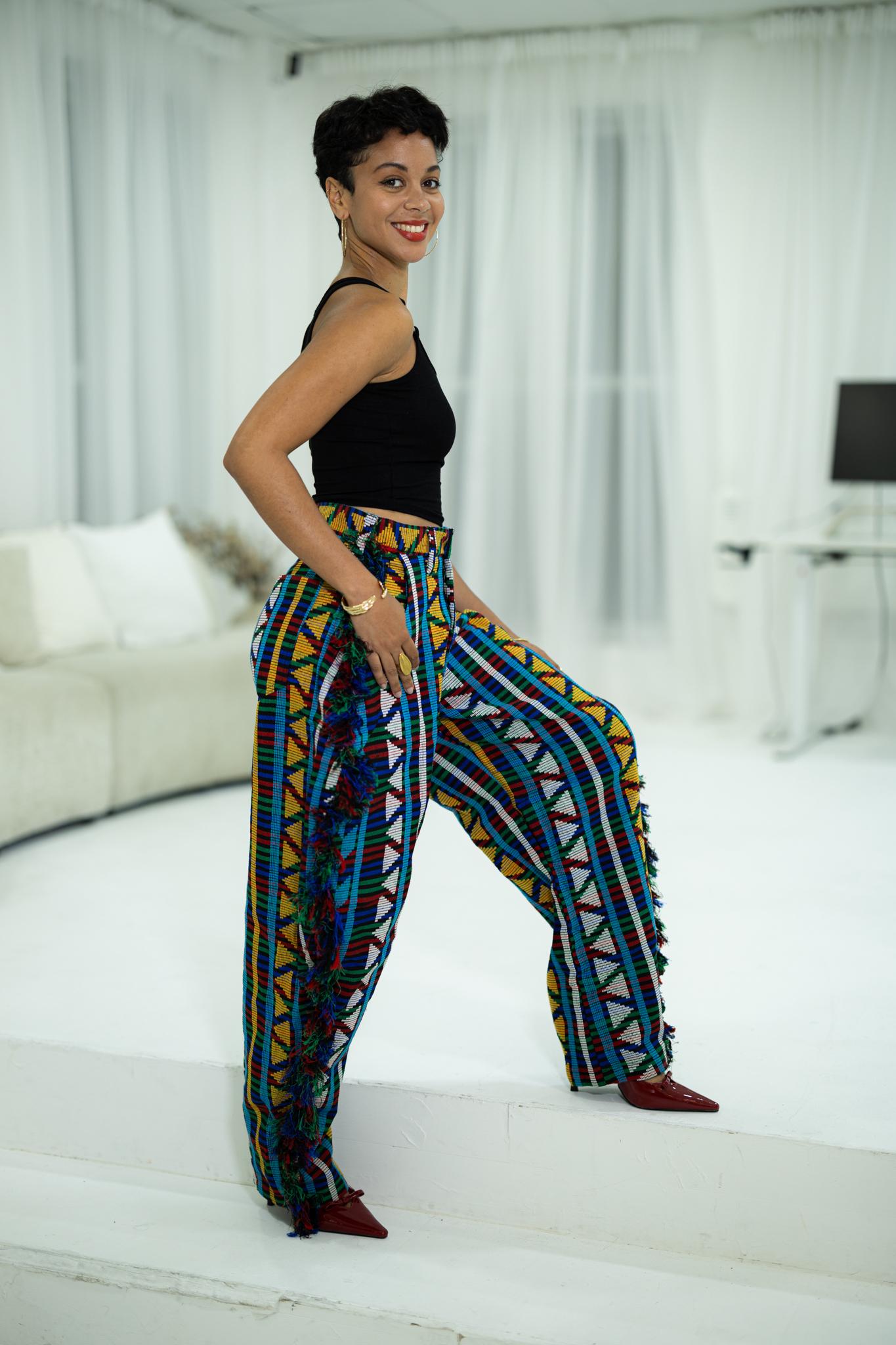 Kairo Multi-Color Fringed Trousers, Statement Wide Leg Pants, Abstract Woven Streetwear
