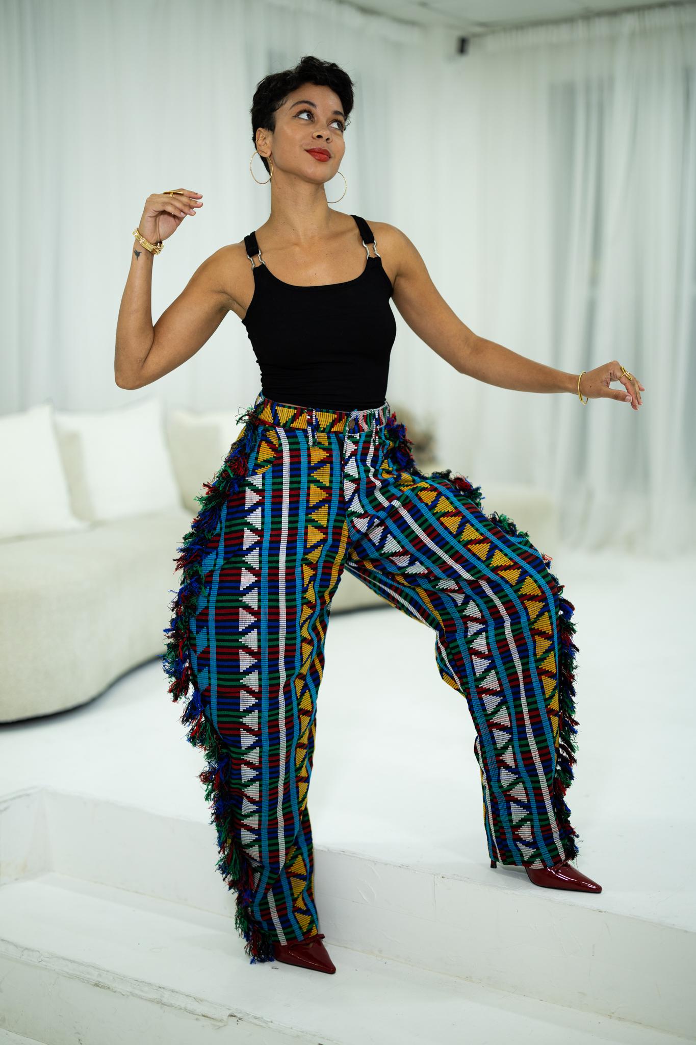 Kairo Multi-Color Fringed Trousers, Statement Wide Leg Pants, Abstract Woven Streetwear